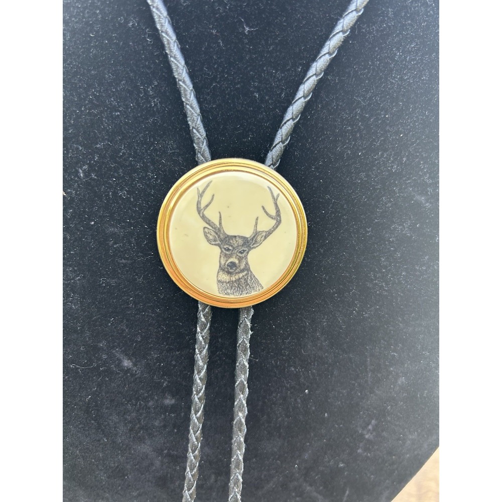 Vintage Barlow Scrimshaw Deer Buck Bolo Tie Gold Tone Wildlife Western